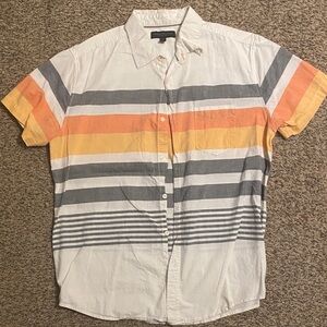 Aeropostale Men's Striped Casual Shirt - White, Gray, Orange, Yellow